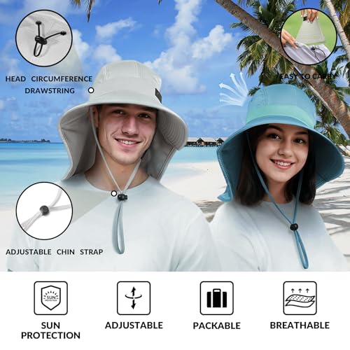 Cooling Sun Hat for Men Women UPF50+ Wide Brim Fishing Hat with Neck Flap Adjustable Foldable Bucket Hat for Hiking Light Blue