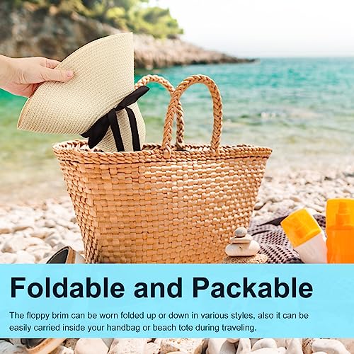 Womens Straw Hat Foldable Wide Brim Floppy Beach Sun Hat for Women Roll up Cap UPF 50+ Adjustable Strap Vacation