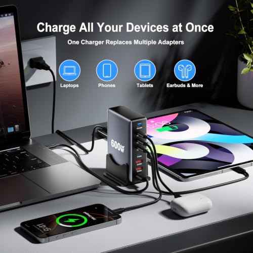 600W Fast Charging 8 Port USB C Charger Block with Nylon Fast Charging Cable