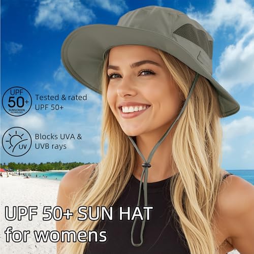 Women's Summer Beach Hats Breathable Mesh Bucket Sun Hat Wide Brim UV Protection Fishing Hiking Hat Army Green