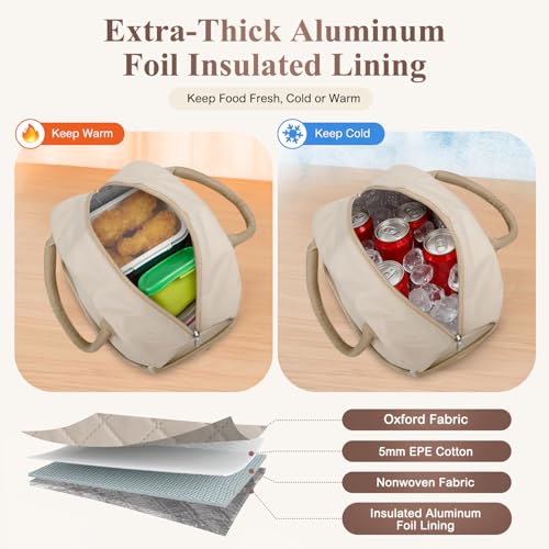 Lunch Box for Women Adult Men Insulated Cute Quilted Lunch Bag Women Reusable Large Lunch Tote Bag Leakproof Simple Cooler Bag for Work Office Picnic Beach or Travel