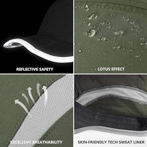 Foldable Running Sports Hat Reflective Baseball Cap Quick Drying Hat for Men Woman Adjustable 50+ UPF Breathable Mesh Water Repellency Outdoor Race Performance Lightweight Army Green