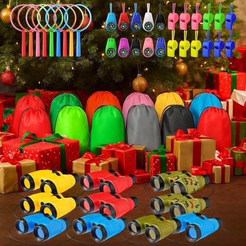 12 Set Binocular Compass Magnifying Glass Set Christmas Birthday Gift Small Telescope Binocular with Whistle Bag for Outdoor Exploring Stocking Stuffer (12 Count)