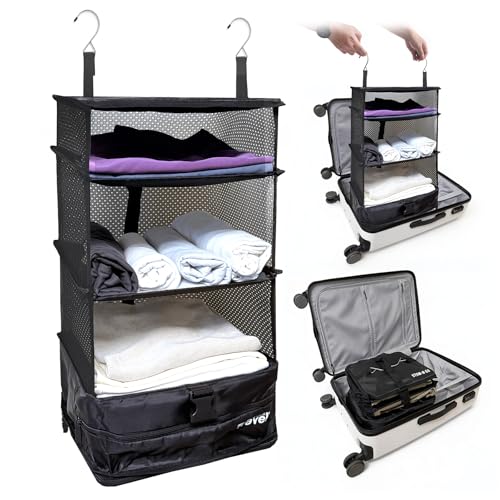 Stow-N-Go Hanging Travel Shelves, Packing Organizer for Luggage. Carry on Closet for Suitcase. Expandable Packing Cube. Travel Essentials. (Black - L, L = (L) 11.8" x (W) 11.8")