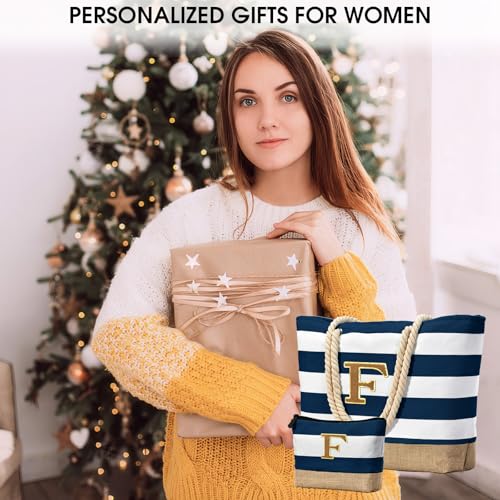 Beach Bag Initial Beach Tote with Makeup Bag for Travel Work Storage Personalized Birthday Gifts for Women Her