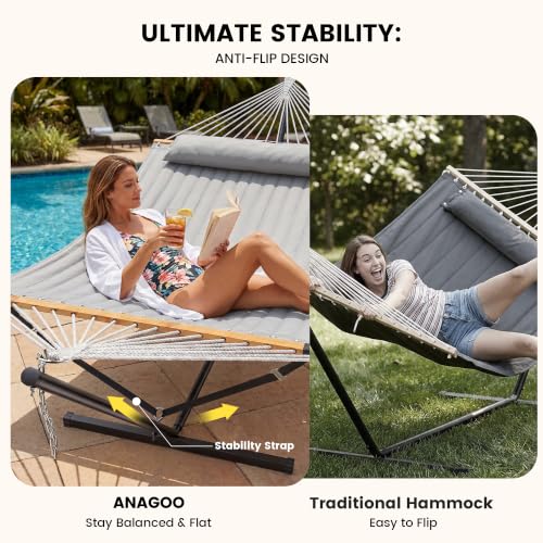 Double Hammock with Stand 500lbs Heavy Duty Outdoor Two Person Gray