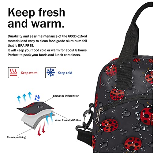 Funny Animal Ladybug Insulated Lunch Bag with Detachable Shoulder Strap Tote Bag for Women Men Adult Reusable Containers Organizer Thermal Cooler Bag for School Work Travel Lunch Box (B:Funny Ladybug)