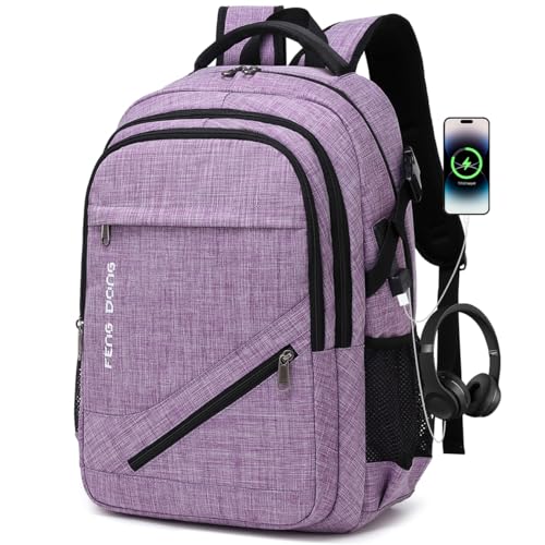 Large Laptop Backpack 17.3 inch Durable Waterproof Travel College Backpack Bookbag for Men & Women Business Backpack with USB Charging Port and Headset Port Light Purple