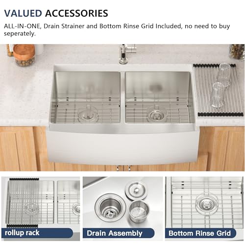 33 Inch Farmhoue Sink Double Bowl Stainless Steel Farm Kitchen Sink 16 Gauge Double Basin 50