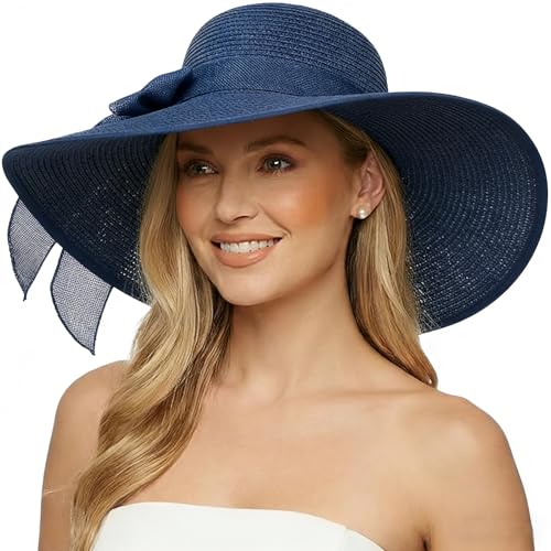 Women Wide Brim Bow Straw Hat Floppy Foldable Beach Sun Hat Roll up Cap UPF 50+