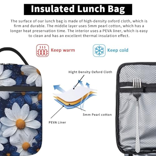 Elegant Daisy Insulated Lunch Box for Women Men White and Blue Flower Lunch Bag for Travel