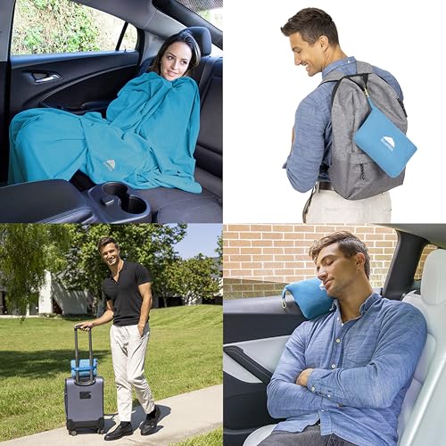 Premium Soft Lightweight Travel Blanket Pillow Compact Teal Blue