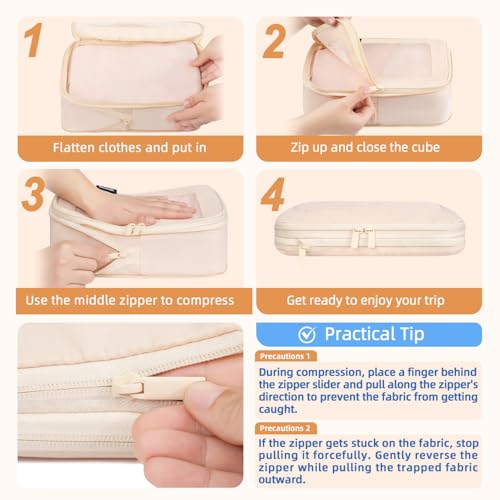 4 Set/6 Set/8 Set Compression Packing Cubes Travel Accessories Expandable Packing Organizers (Square Mesh, 05-Cream)