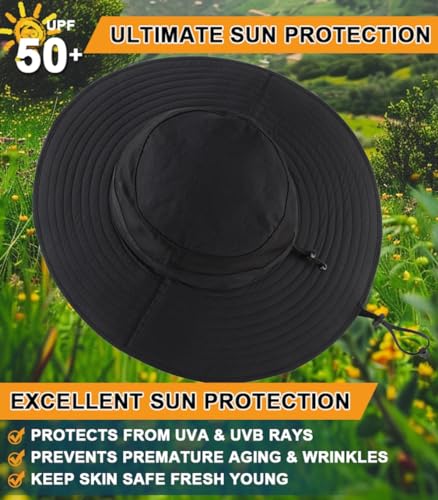 UPF50+ Mens Sun Hat Wide Brim Sun Protection Hat Mens Womens Large Brim Bucket Beach Fishing Gardening Hat Black