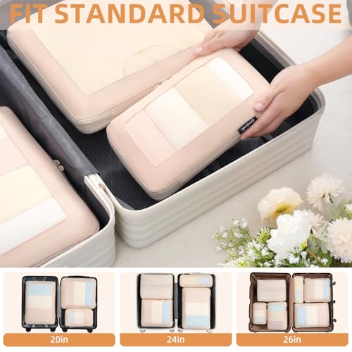 4 Set/6 Set/8 Set Compression Packing Cubes Travel Accessories Expandable Packing Organizers (Square Mesh, 05-Cream)