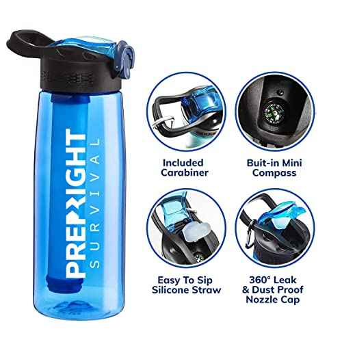 Survival – 4-Stage Water Filter Bottle, BPA-Free 22oz Camping Water Bottle with Built-In Compass, Travel and Emergency Preparedness Gear, Purple
