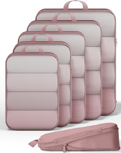 6/9/11 Set Compression Packing Cubes for Travel Essentials,Compressible Expandable Large Luggage Organizer Bags for Clothing,Space Saver Bags with Over 1000 pcs of Mesh Holes(Light Coral) (6 Count)