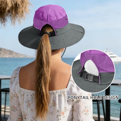 Ponytail Sun Bucket Hats for Women UV Protection Foldable Wide Brim