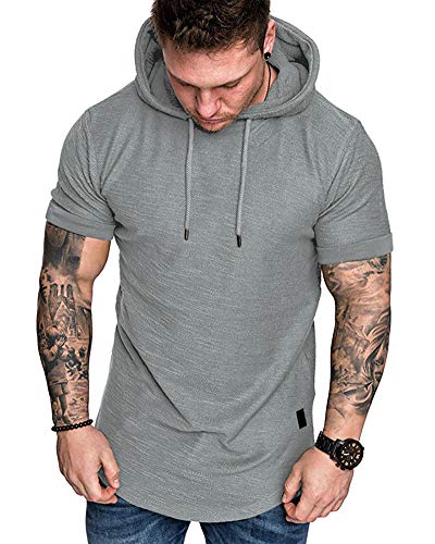 Mens Fashion Hoodies Sport Pullover Solid Color Shirt Workout Lightweight Tops Light Grey