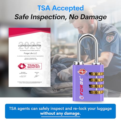 Dual-Opening: Key or Combination Access Lock, TSA Approved Locks for Luggage, Pelican case, Travel, Gym, School, Stainless Steel Shackle. (Purple, 2 Pk) (2 Count)