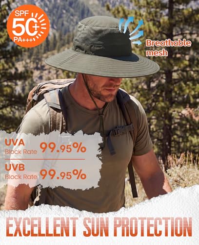 UPF50+ Mens Sun Hat Wide Brim Fishing Hat Large Foldable Brim UV Protection Hat for Men Bucket Beach Army Green