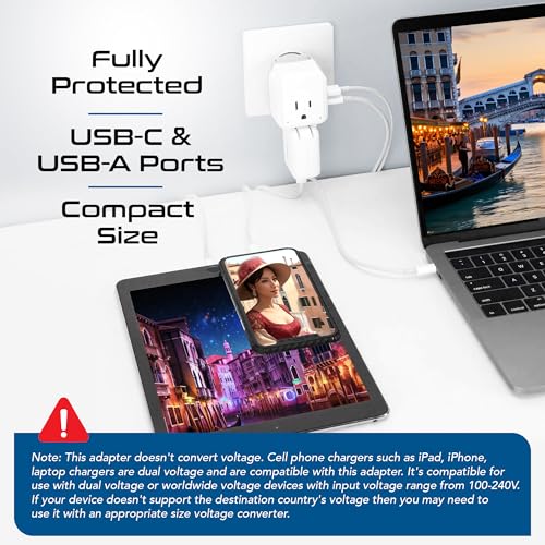Chile, Rome, Italy Travel Plug Adapter Set, Chile plug adapter USB-USB-C 20W PD-QC 18W, 2 Outlet, US to Italy plug adapter for Lybia, Uruguay Includes Type C, L SWadAPt Attachments - PAK-IT