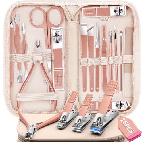 Manicure Set 16Pcs Professional Stainless Steel Pedicure Kit Mens Grooming Kit Fingernail & Toenail Clippers Set Manicure Kit with Luxurious Travel Bag (7.7603 Ounce)