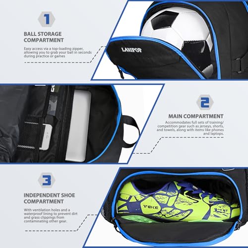 Soccer Backpack Bag with Ball Holder Ventilated Shoe Compartment Large Capacity Sports Gear Bag for Basketball Volleyball Gym