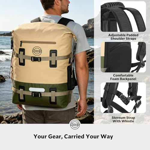 30/40/55L Waterproof Dry Backpack & Phone Case - 2XL Floating Dry Bag for Kayaking, Travel, Hiking, Fishing, Camping, Motorcycles & Beach, Heavy-Duty Roll Top Men/Women (Tan/Army Green/Brown)
