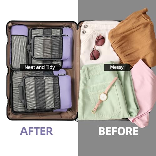 4 Set/6 Set/8 Set Compression Packing Cubes Travel Accessories Expandable Packing Organizers (Half Mesh, 6-Lavender)