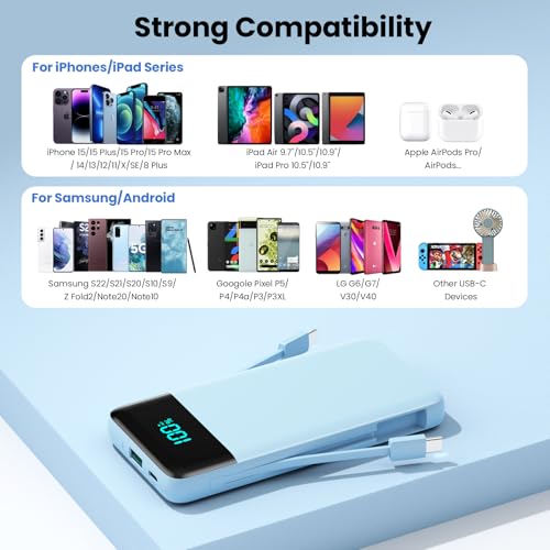 Portable Charger for iPhone with Built in Cables and Wall Plug