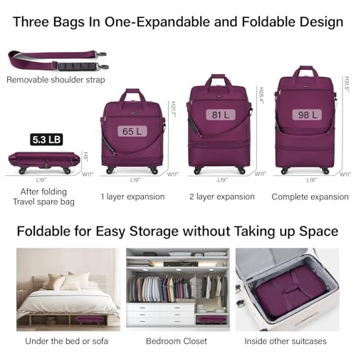 Suitcases with Wheels Expandable Foldable Luggage Bag Suitcase Collapsible Rolling Travel Bag Duffel Bag for Men Women Lightweight Suitcases without Telescoping Handle