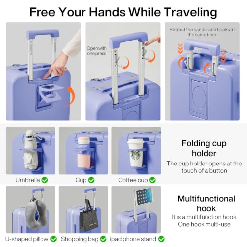 Carry On Luggage with Cup Phone Holder and Charger Hard Shell Suitcases with Spinner Wheels
