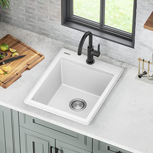 Bellucci 18 inch Granite Workstation Drop In Top Mount Single Bowl Kitchen Sink in White with Accessories