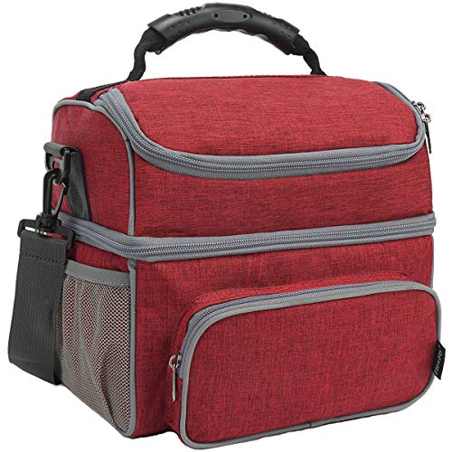 Double Layer Cooler Insulated Lunch Bag Adult Lunch Box Large Tote Bag for Men (Red)