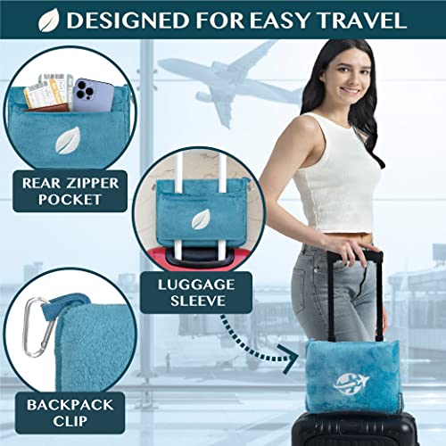 Compact 2-in-1 Travel Blanket Pillow for Airplane Flight, Teal Blue