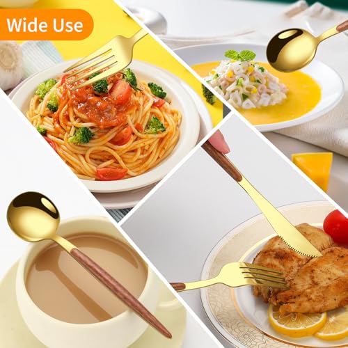 16 Pcs Gold Silverware Set with Simulated Wooden Handle for 4 (16 Count)