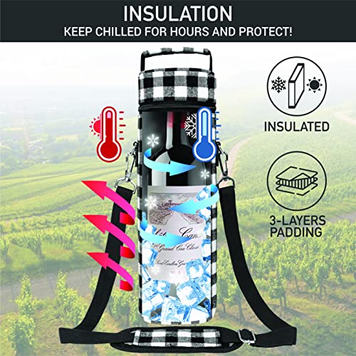 Single Bottle Wine Bag Carrier Insulated Cooler Tote Plaid White Black