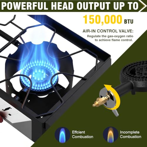 150000 BTU Dual Burner Camping Stove Portable Propane Wind Guard
