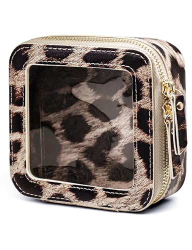 Small Makeup Bag for Purse Accessories Women Clear Cosmetic Mini Pouch Car Essentials Bag Leopard Print Clear Leather Make Up Travel Bag Organizer with Zipper Cute Compact Cheetah Little Toiletry Bag
