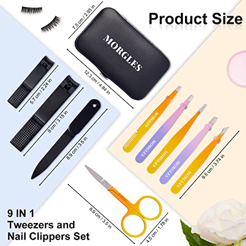 Tweezers Set 9 Pcs Colorful Nail Clipper Kit with Case for Grooming (9 Count)