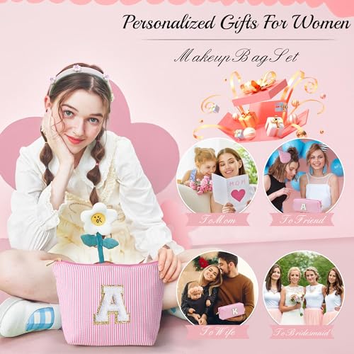 Birthday Gifts for Women Teen Girls Kids Initial Makeup Bag Pink A