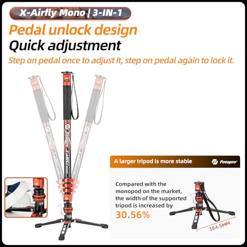 73" 3-in-1 Carbon Fiber Monopod with Pedal, Carbon Fiber Travel Monopod with Feet Max Load 22lbs for DSLR Camera Stabilizer Videography Kit, X-Airfly Mono Grey