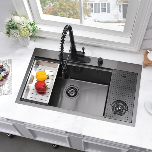 33x19 Black Drop In Kitchen Sink with Cup Washer Workstation Sink