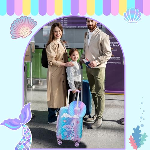 Cute Mermaid Kid’s Luggage Set 5 Piece Suitcase Set 16’’ Hardside Luggage with Spinner Wheels Girls Travel Rolling Luggage Carry on Luggage Airline Approved (5 Count)