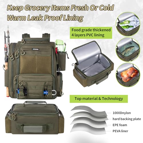 Large Fishing Backpack with Cooler for 3 Tackle boxes Fish Bag with Rod Holders Fishing Gear and Equipment for camping hiking