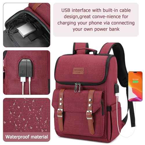 Vintage Backpack Travel Laptop Backpack with usb Charging Port for Women & Men College Backpack Fits 15.6 Inch Laptop Red Brown