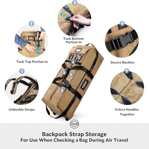 45/80/100L Rolling Duffel Bag with Wheels, Large Durable Travel Duffle + Toiletry Bag, Heavy Duty, Packable, Foldable with Shoulder Straps- Use as Luggage or Backpack, Men/Women (Tan)