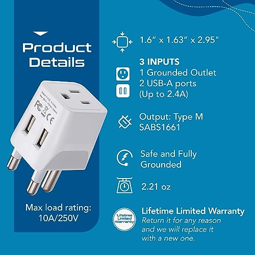 South Africa Botswana Travel Adapter Plug With Dual USB + USA Input