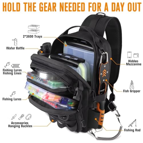 Small Fishing Backpack with Tackle Boxes Fishing Sling Bag DIY Embroidery Patches Tackle Bag Gift for Men Black